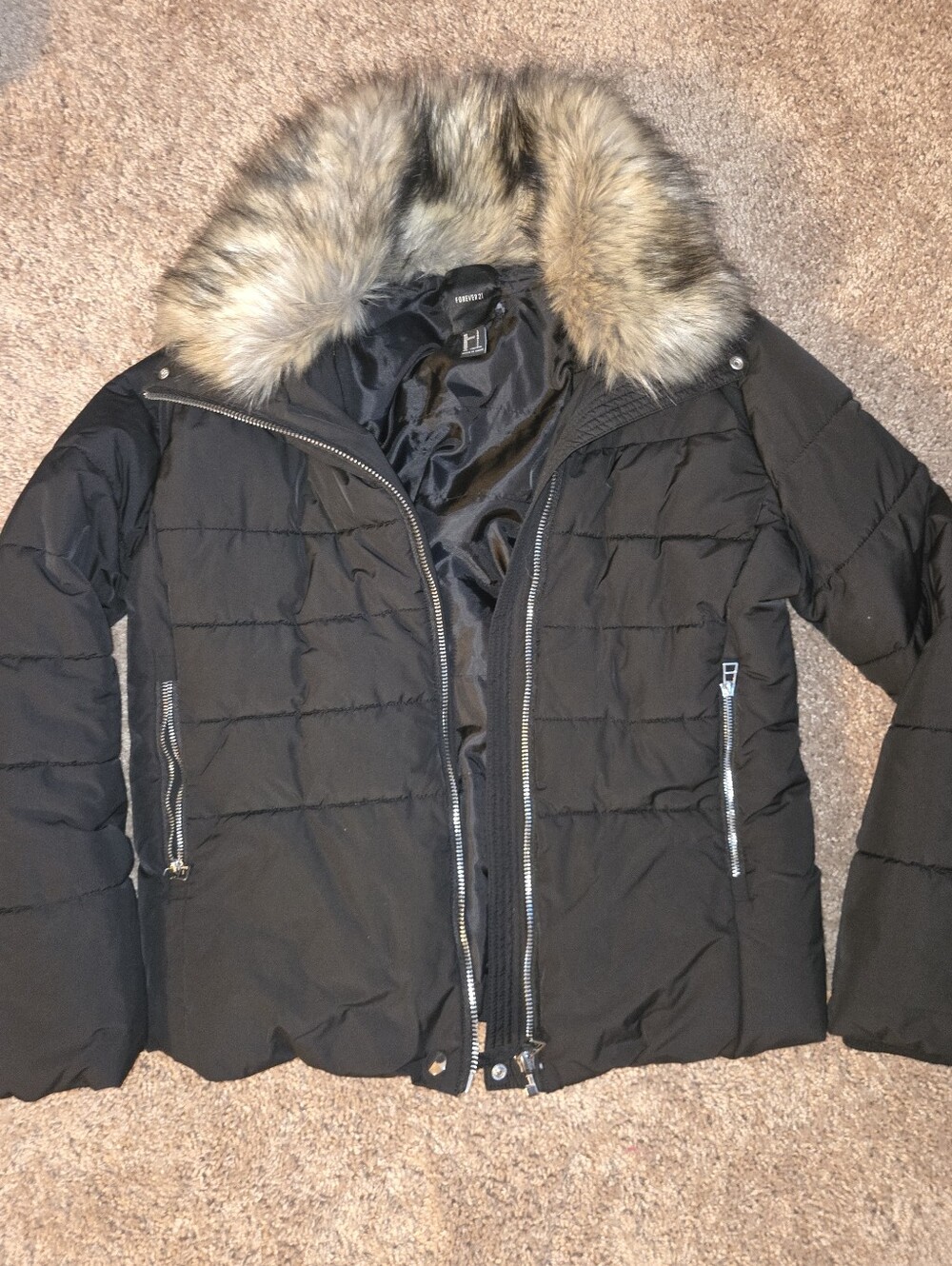 Forever 21 Black Puffer Jacket with Faux Fur Trim
